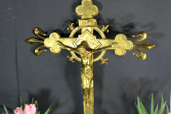 French bronze fleur de lys religious WAll crucifix cross gold gilt