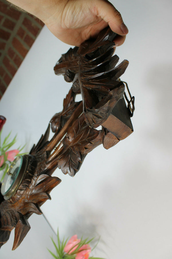 Antique Black forest wood carved wall barometer birds nest rare