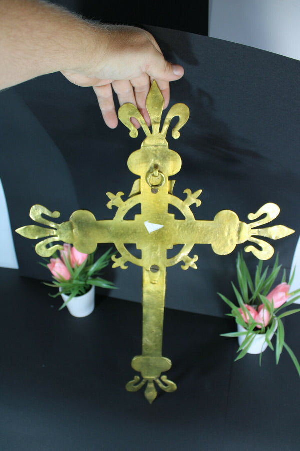 French bronze fleur de lys religious WAll crucifix cross gold gilt