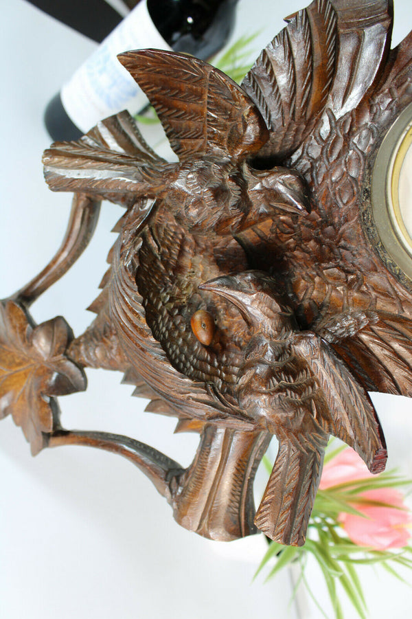 Antique Black forest wood carved wall barometer birds nest rare