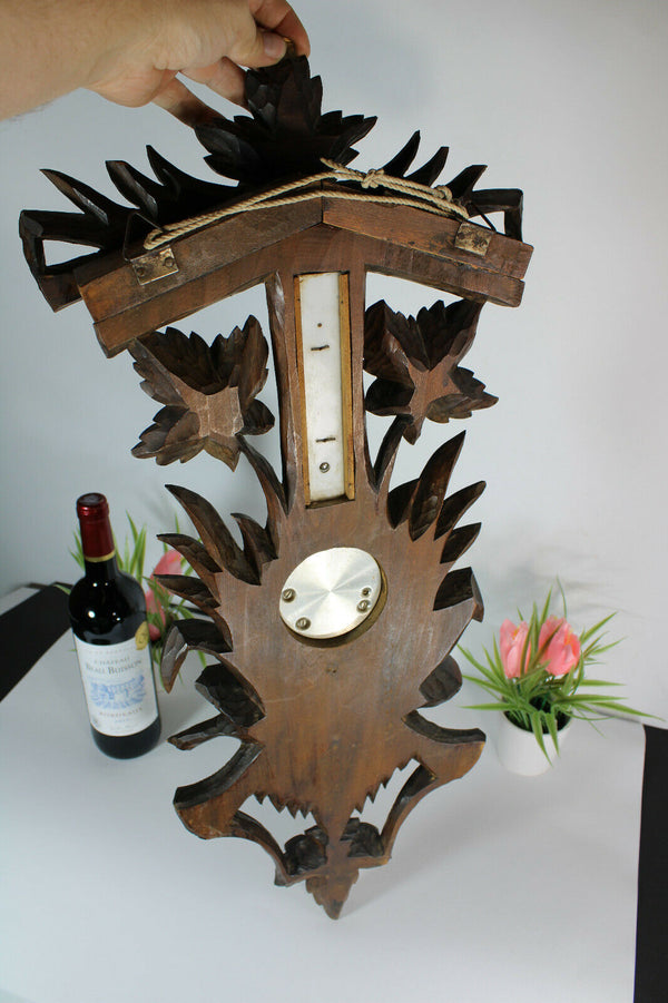 Antique Black forest wood carved wall barometer birds nest rare