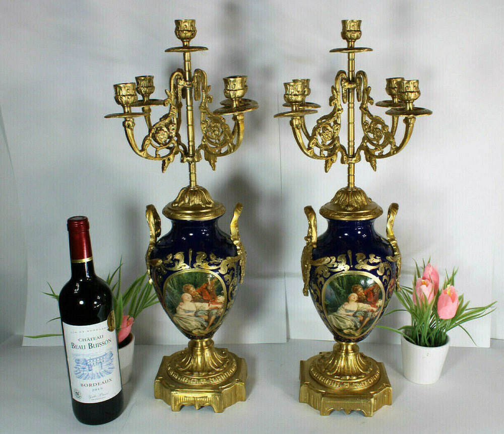 XL pair vintage porcelain faience Romantic candelabras candle holders