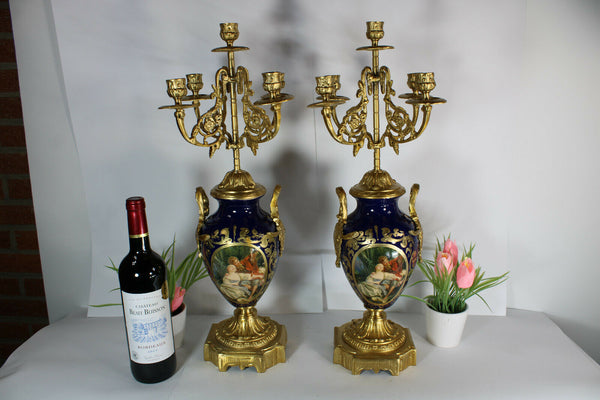 XL pair vintage porcelain faience Romantic candelabras candle holders