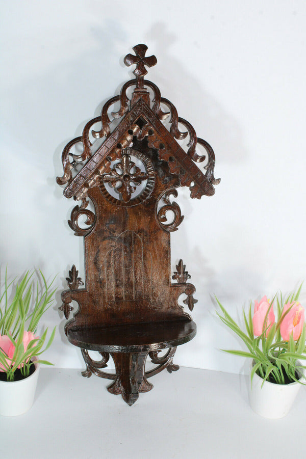 Antique French wood carved religious wall chapel for statue
