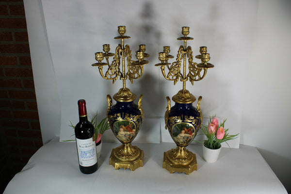 XL pair vintage porcelain faience Romantic candelabras candle holders