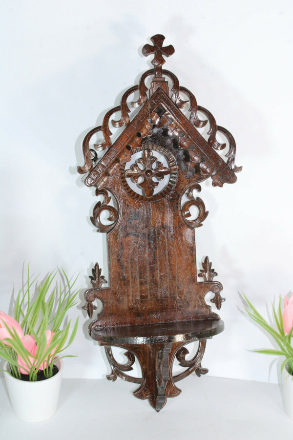 Antique French wood carved religious wall chapel for statue