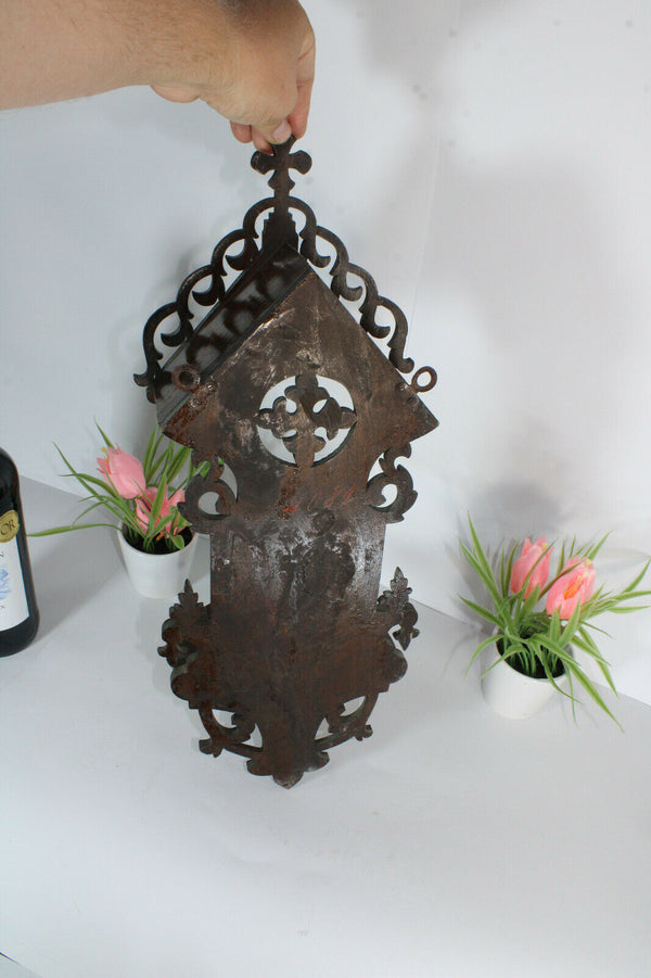 Antique French wood carved religious wall chapel for statue