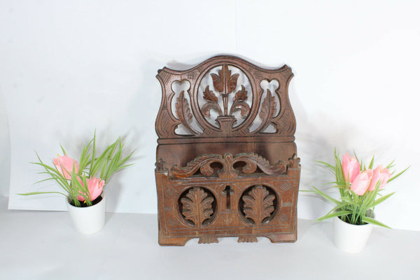 Antique French wood carved wall letter holder floral decor