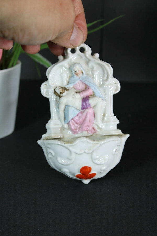 Antique small 19thc vieux paris porcelain holy water font pieta religious