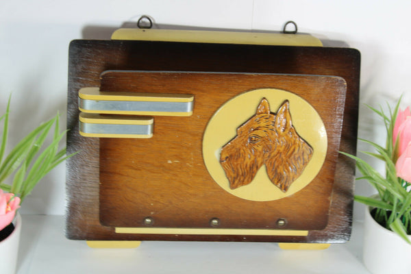 French art deco wood carved wall letter holder dog portrait