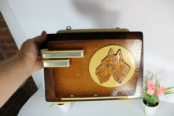 French art deco wood carved wall letter holder dog portrait