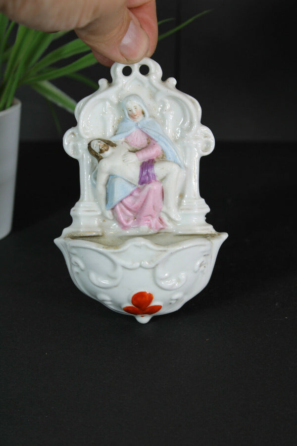 Antique small 19thc vieux paris porcelain holy water font pieta religious