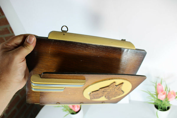 French art deco wood carved wall letter holder dog portrait