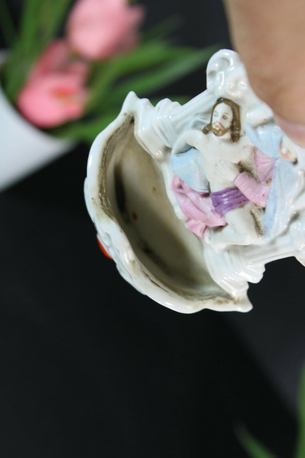 Antique small 19thc vieux paris porcelain holy water font pieta religious