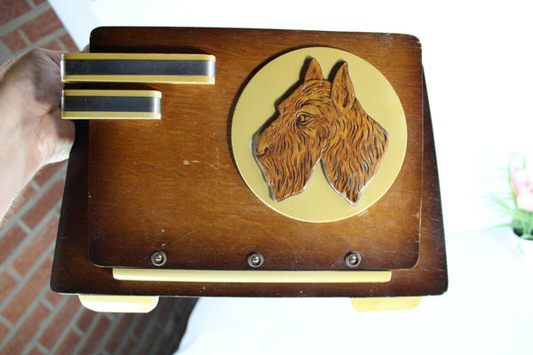 French art deco wood carved wall letter holder dog portrait