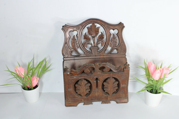 Antique French wood carved wall letter holder floral decor
