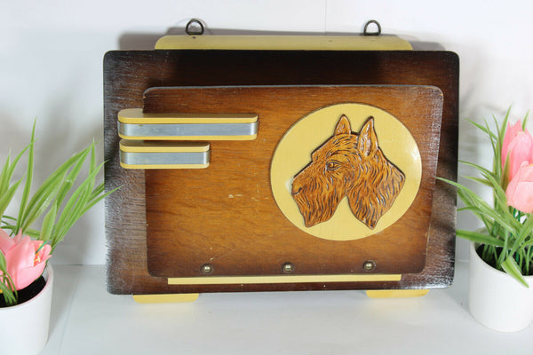 French art deco wood carved wall letter holder dog portrait