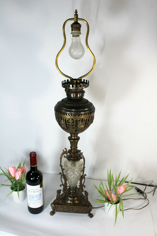 Antique XL French bronze crystal dragons satyr heads Oil lamp rare