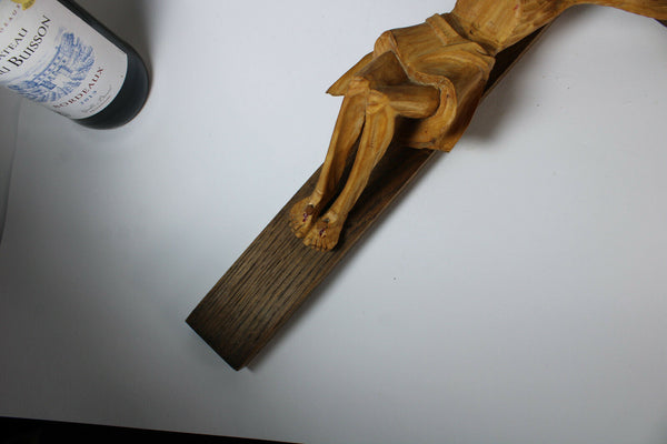 Vintage french 1950 wood carved crucifix cross religious