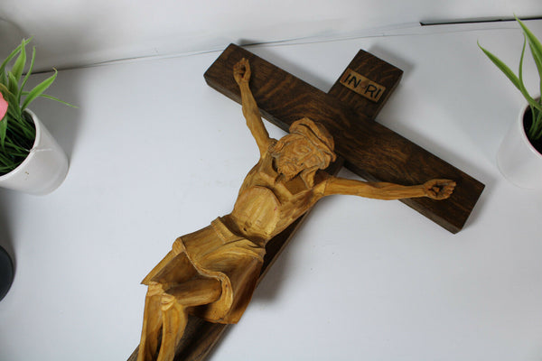 Vintage french 1950 wood carved crucifix cross religious