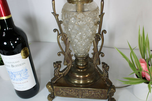 Antique XL French bronze crystal dragons satyr heads Oil lamp rare