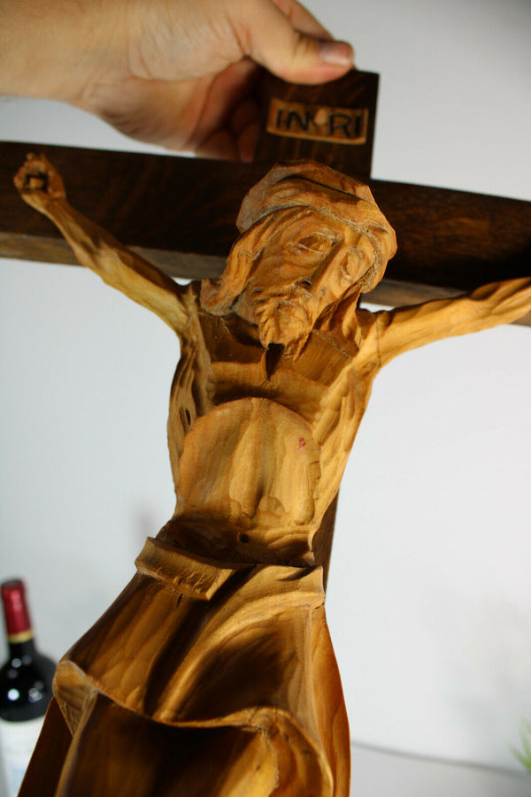 Vintage french 1950 wood carved crucifix cross religious
