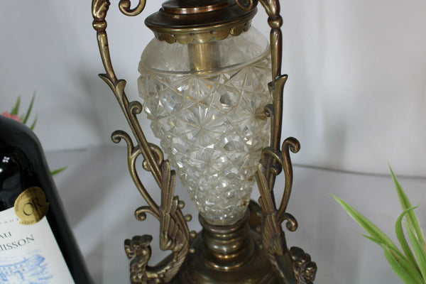 Antique XL French bronze crystal dragons satyr heads Oil lamp rare