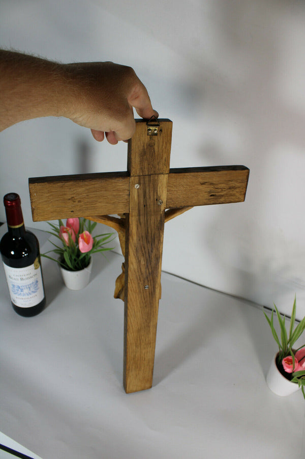Vintage french 1950 wood carved crucifix cross religious