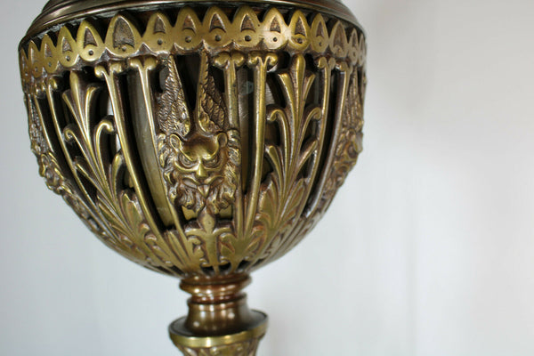 Antique XL French bronze crystal dragons satyr heads Oil lamp rare