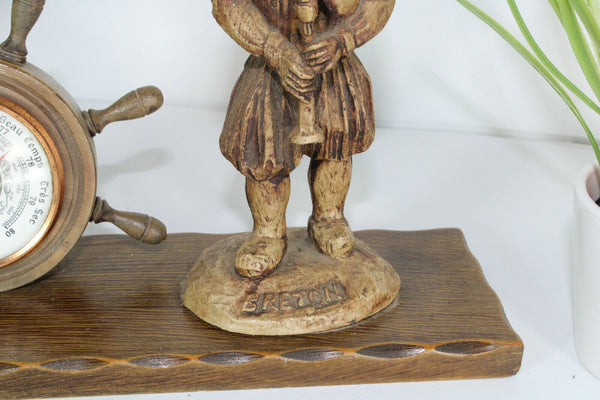 Vintage French breton wood carved figural barometer rare 1950