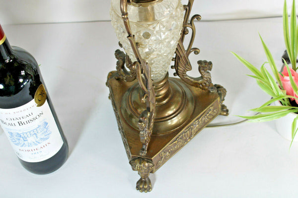Antique XL French bronze crystal dragons satyr heads Oil lamp rare