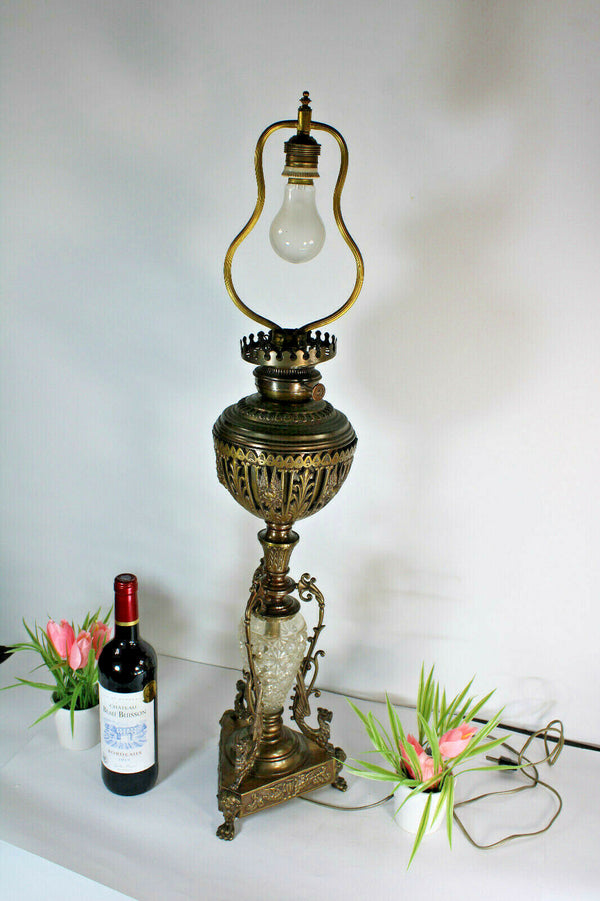 Antique XL French bronze crystal dragons satyr heads Oil lamp rare