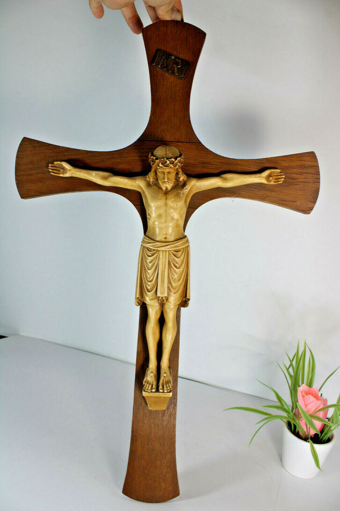 Antique  XL french wood carved cross chalkware christ signed