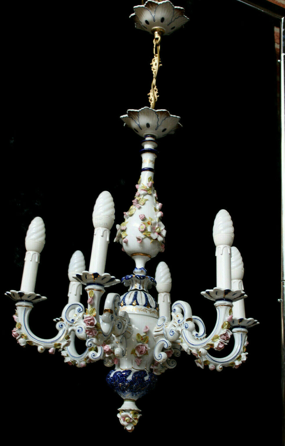 Capodimonte italian porcelain marked 6 arms chandelier floral decor