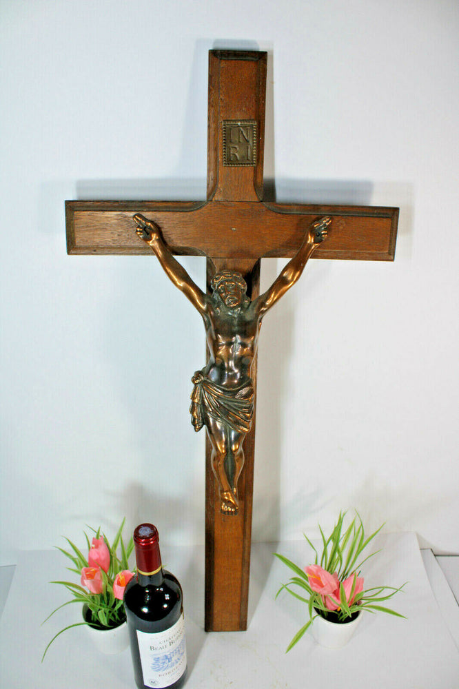 Antique  XL french wood carved cross metal copper christ religious