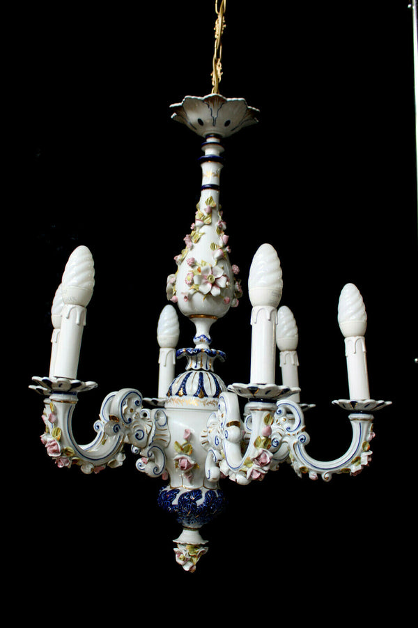 Capodimonte italian porcelain marked 6 arms chandelier floral decor