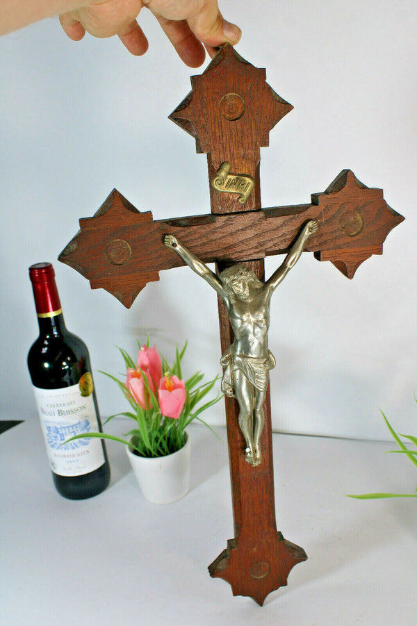 Antique french wood carved crucifix cross religious