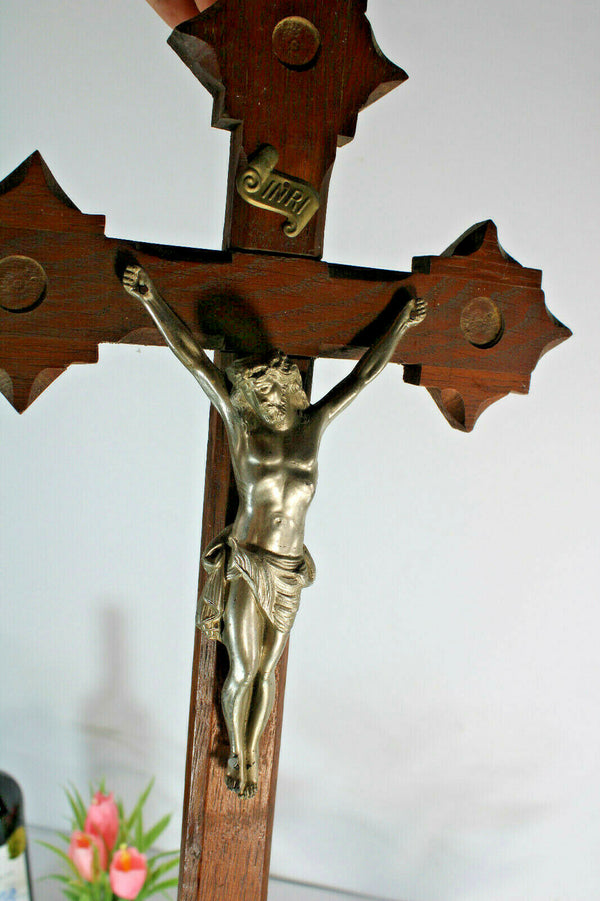 Antique french wood carved crucifix cross religious