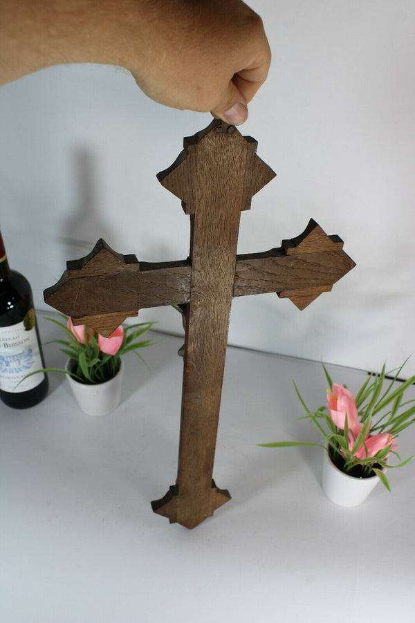 Antique french wood carved crucifix cross religious