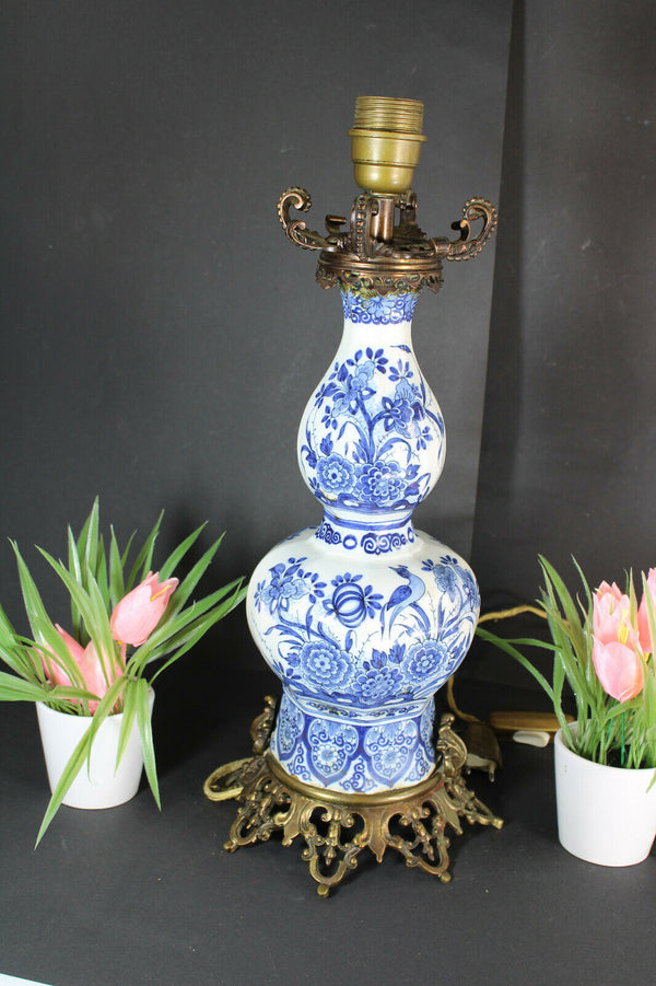 Antique Delft pottery birds floral decor Vase mounted lamp