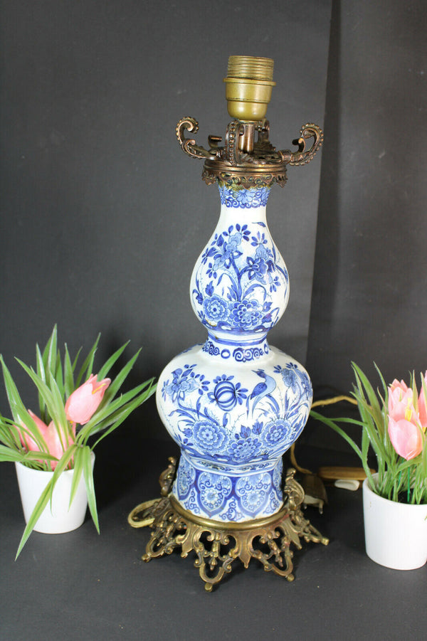 Antique Delft pottery birds floral decor Vase mounted lamp