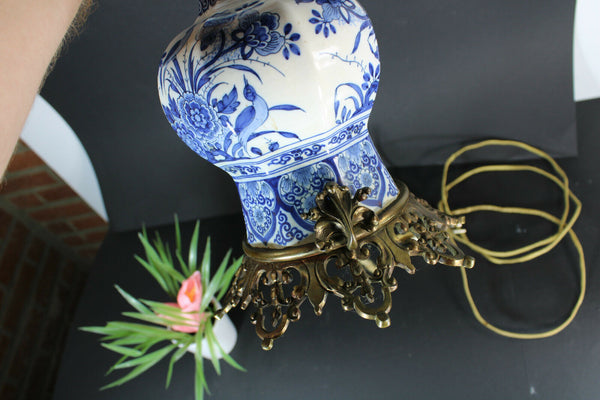Antique Delft pottery birds floral decor Vase mounted lamp