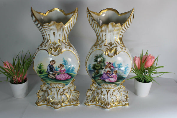 PAIR antique french vieux paris porcelain Vases Romantic Scene hand paint