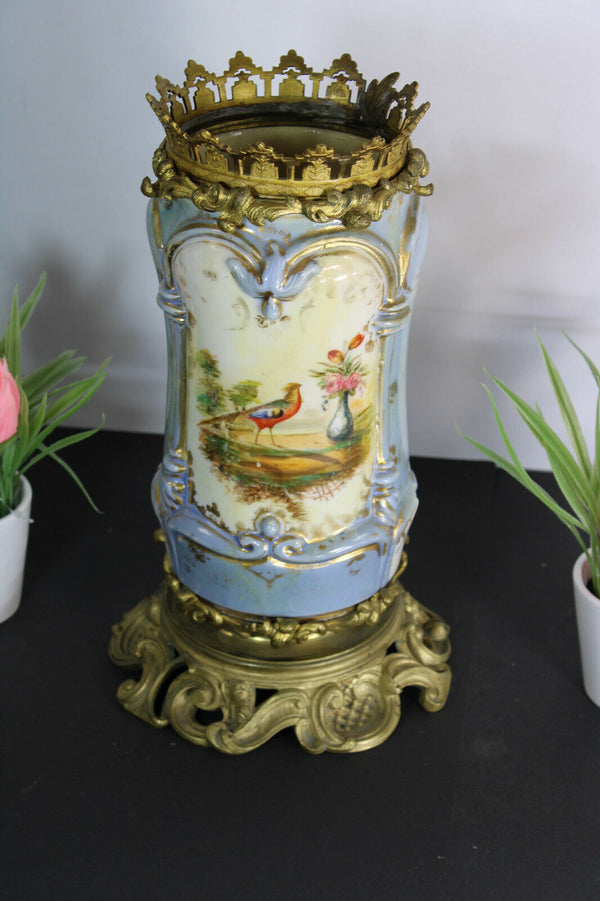 Antique french faience birds floral decor bronze frame vase