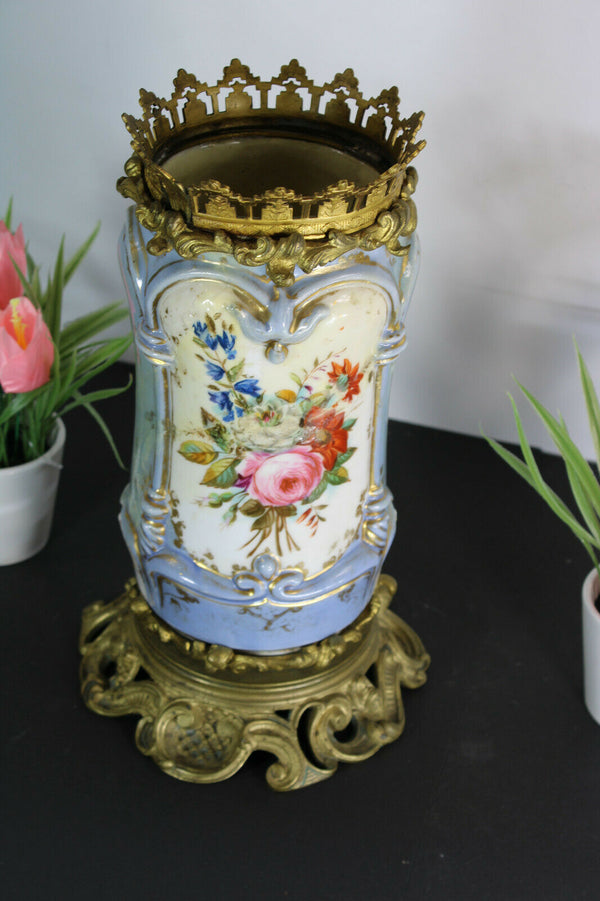 Antique french faience birds floral decor bronze frame vase