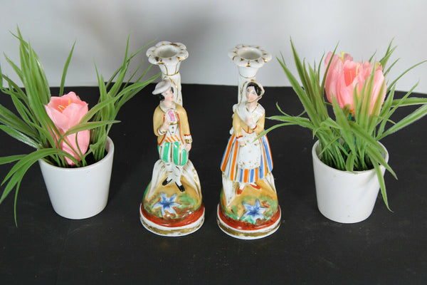 PAIR antique french vieux paris porcelain candle holders figural
