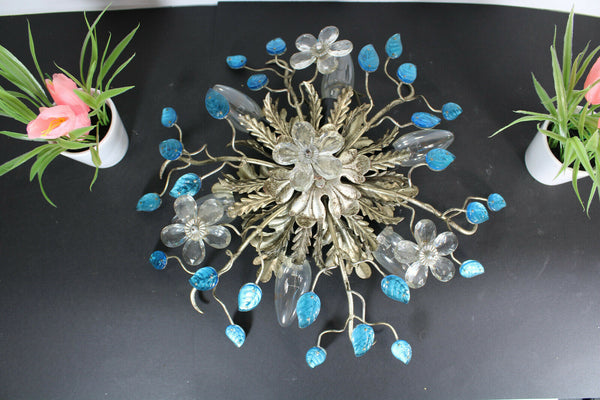 Vintage mid century DAisy flower blue glass leaf flush mount lamp attr bagues