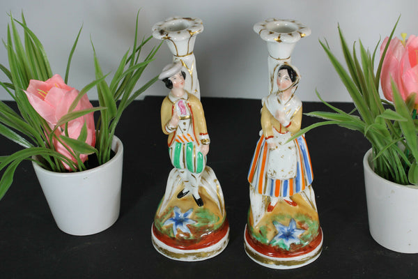 PAIR antique french vieux paris porcelain candle holders figural