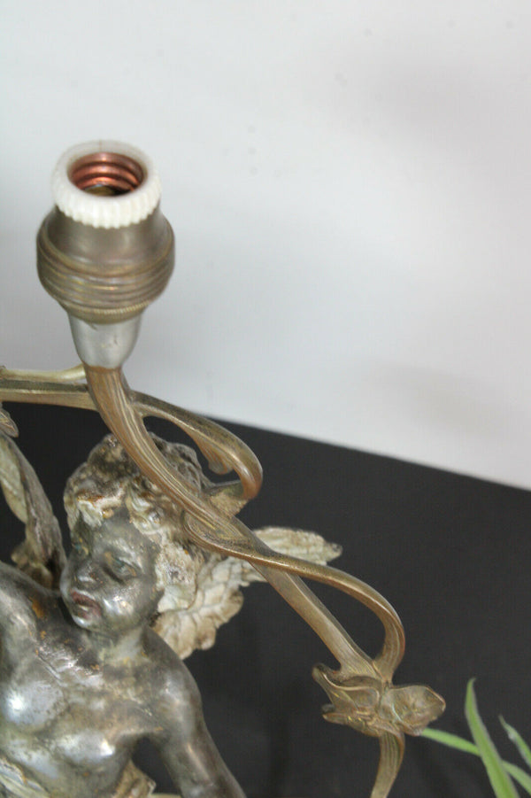 Antique French spelter bronze putti cherub figurine table lamp