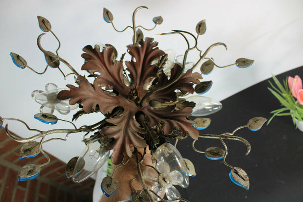 Vintage mid century DAisy flower blue glass leaf flush mount lamp attr bagues